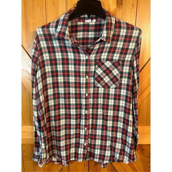 GAP Tops - GAP Flannel Shirt Women's Large Green Red Plaid Long Sleeve Button Up (4036)
